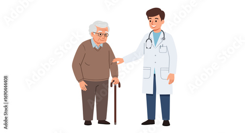 A doctor in a white coat with a stethoscope is gently placing his hand on the shoulder of an elderly man who is holding a cane.