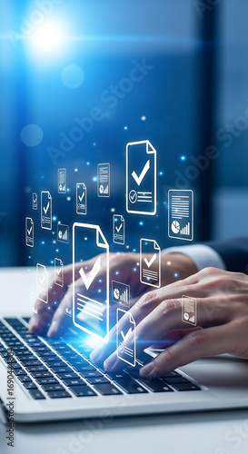 Streamline document workflow with digital approvals on laptop, ensuring seamless business operations and enhanced productivity with technology