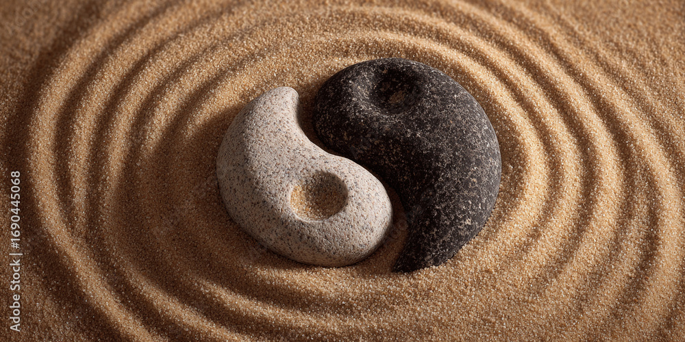 Naklejka premium Two yin yang shaped stones rest on rippled sand creating a balanced composition.