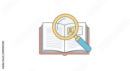 Foto Open Book with Magnifying Glass Examining a Persons Profile.