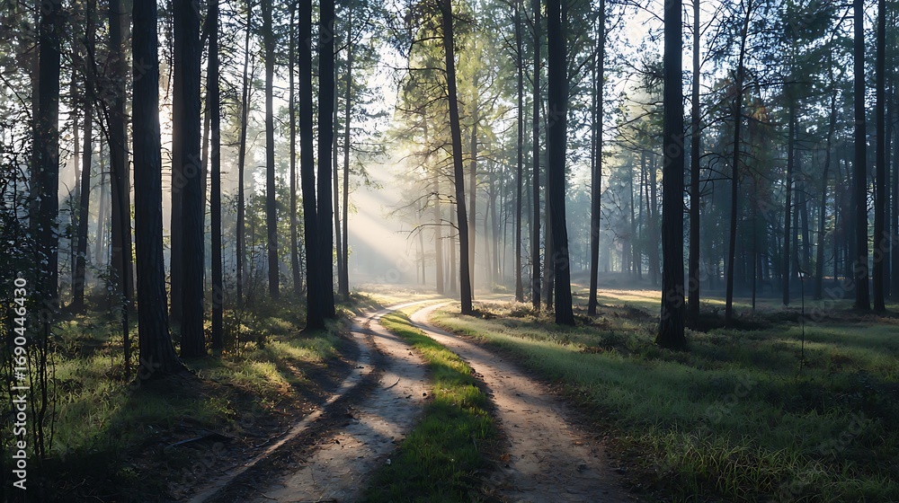 Naklejka premium Misty Morning Pathway Through a Lush Forest Surrounded by Tall Trees and Soft Sunlight