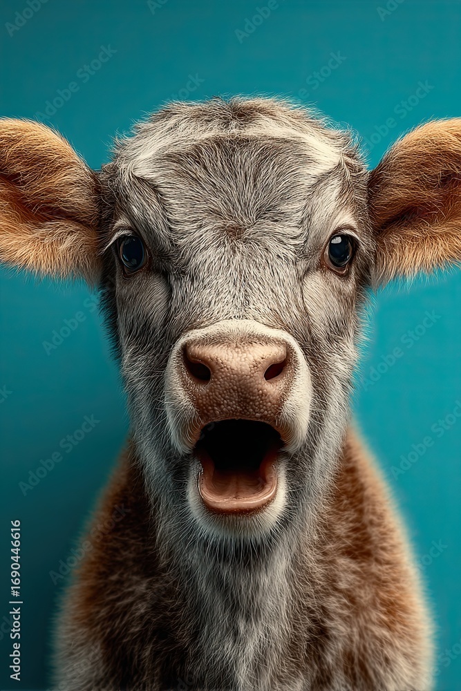 Fototapeta premium bull muzzle. Open mouth. Surprise, shock, paws on head on color background. Space for text.