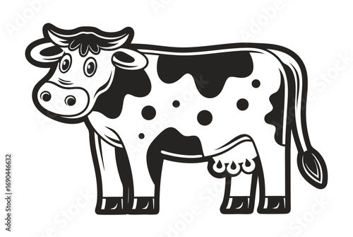 Cartoon of a standing cow with black spots and white background
