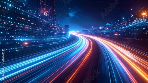 Dynamic motion blur of light trails in a vibrant futuristic city at night