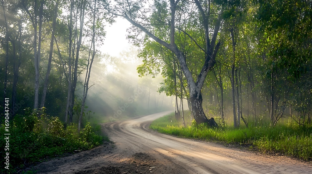 Fototapeta premium Serene Pathway Through Tranquil Forest with Soft Sunlight and Mist Enveloping the Landscape