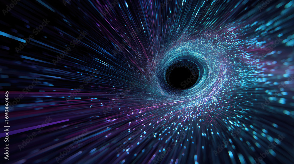 Obraz premium Futuristic wormhole tunnel of neon light particles, abstract vortex.