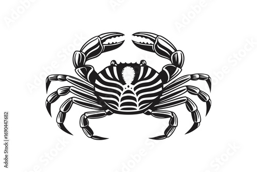 Crab with Intricate Black and White Stripes on White Background