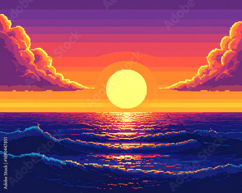Retro Pixel Art Sunset with Ocean Waves PNG