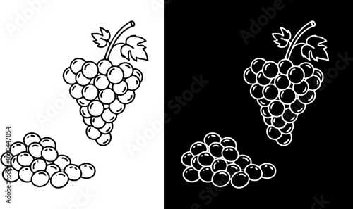Minimalist vector line art of a full grape cluster on a vine and a single detached grape, in black and white, isolated on a white and black background.