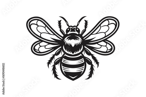 Detailed Honeybee Insect Design in Striking Black on White Background