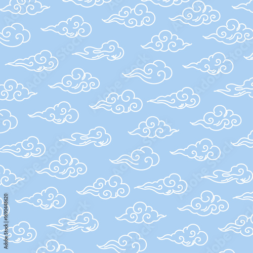 Traditional Cloud Pattern Background, Blue Sky Decoration, Classic Korean Motif, Seamless Design, Bright and Cheerful Cloud Ornament