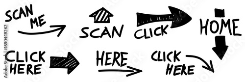 illustration: click me, scan me, here scribbles isolated on white or transparent png