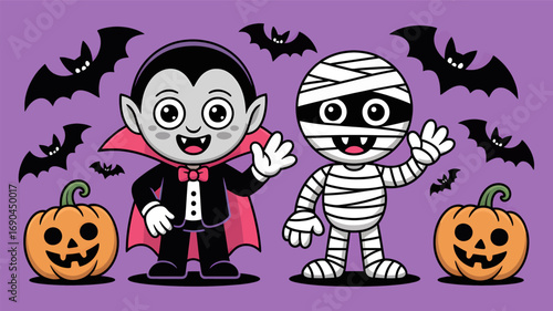 Cute cartoon vampire and mummy characters waving happily with jack o lanterns and bats in the background silhouette