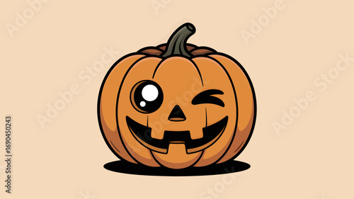 Cute cartoon halloween pumpkin with a playful winking eye and a happy carved face in a simple silhouette style