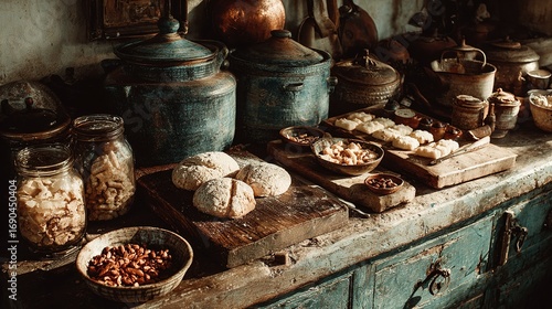 Vintage kitchenware holding handcrafted snacks, bathed in warm nostalgic light.