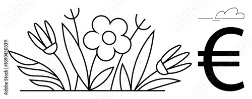Flowers in full bloom beside a euro sign with minimalist design. Ideal for sustainability, green finance, eco-economy, growth, investment, nature economy, or simple flat metaphor