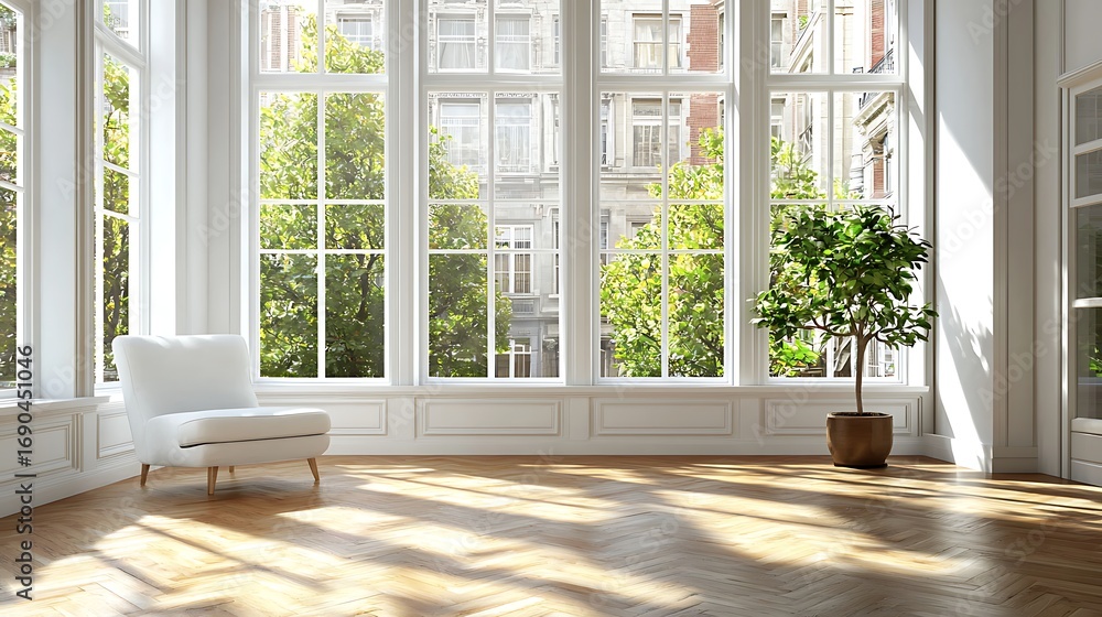 Fototapeta premium Bright and Spacious Living Room with Large Windows and Indoor Plant in Modern Design