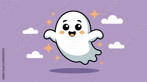 Adorable cartoon ghost character floating happily in the sky with sparkling stars and fluffy clouds a cute silhouette for halloween
