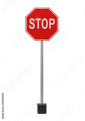 Pristine red octagonal stop sign on sleek matte grey pole, black geometric cube at base, 45-degree view in bright studio with transparent background, product photography concept