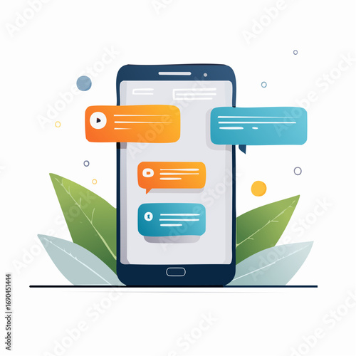 Smartphone With Multiple Chat Bubbles And Leaves