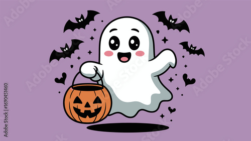 Cute cartoon ghost holding a jack o lantern bucket with bats flying around in a playful halloween silhouette