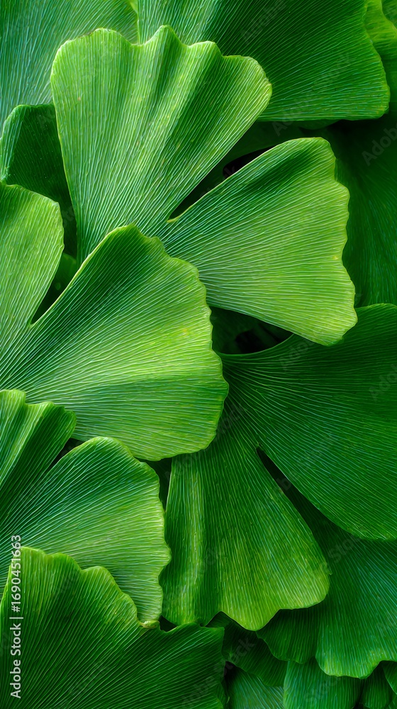 Obraz premium Ginkgo biloba green leaf background, close up of ginkgo leaves texture