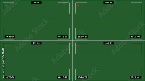 Night vision green CCTV set of four display on screen. 16:9 format video template with horizontal retro lines. CCTV overlay for surveillance and security cameras setup. Overlay vector template.