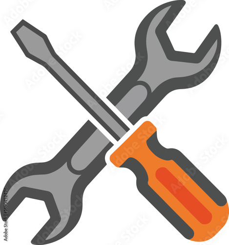Wrench and screwdriver crossed symbolizing repair and maintenance services with orange handle and gray metal tools on white, clean presentation.
