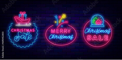 Merry Christmas sale neon labels collection. Santa sledge, snow globe. Special offer marketing. Vector illustration