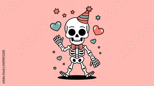 Whimsical cartoon skeleton wearing a party hat and bowtie waving hello amidst floating hearts and stars a fun silhouette illustration