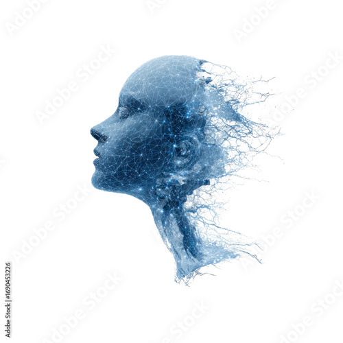 Cuadro en lienzo Abstract Digital Female Face Dissolving into Data Stream - AI, Technology, and H