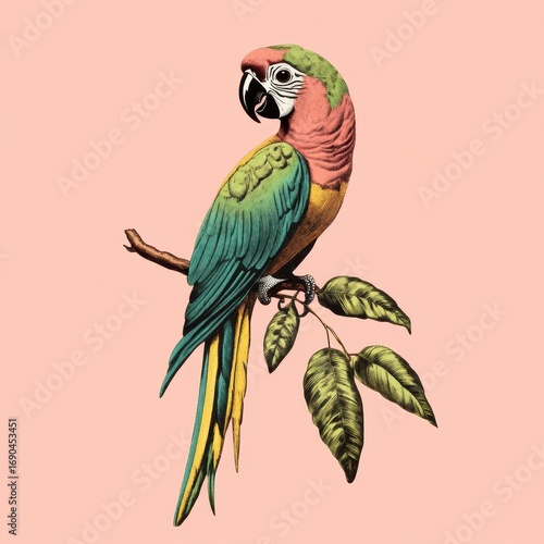 Wallpaper Mural Colorful parrot drawing perched on a branch on a pink background Torontodigital.ca