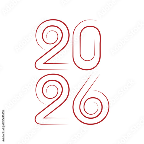 Elegant 2026 New Year graphic with flowing red lines for modern festive designs and holiday promotions
