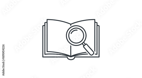 Simple line art icon of a magnifying glass over an open book for research and study.