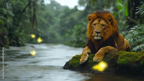 Majestic lion rests by jungle river on mossy rock