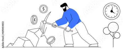 Man striking rocks with a pickaxe, surrounded by floating coins and a clock. Ideal for finance, mining, hard work, wealth generation, investment, resource management, simple flat metaphor