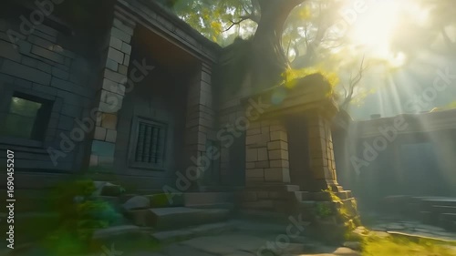 Sunlight beams through ancient temple ruins