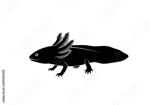A black silhouette of an axolotl, a type of salamander, with its distinctive feathery gills visible on its head.