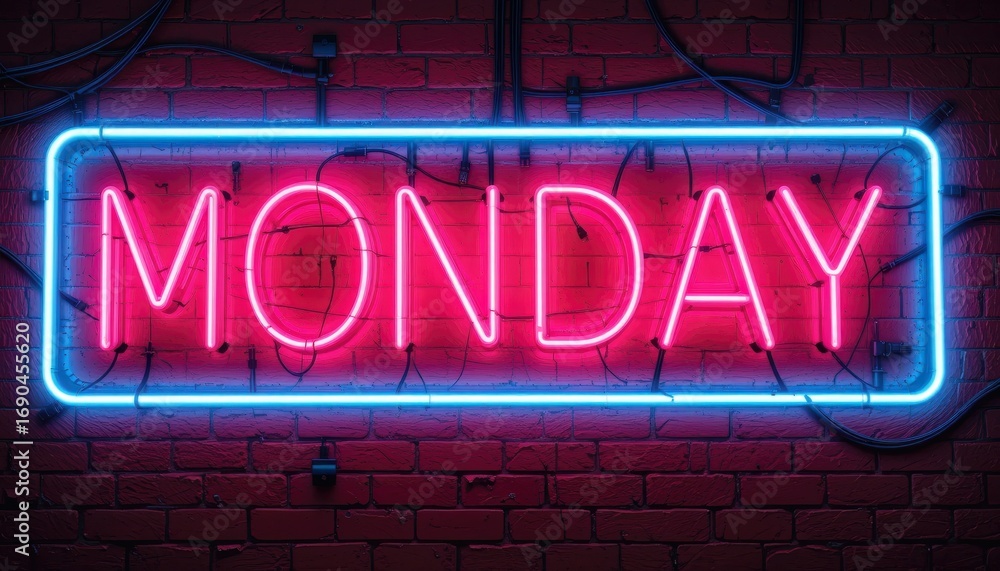 Fototapeta premium Neon sign spelling out monday on a brick wall