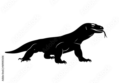 Silhouette of a Komodo dragon with its tongue sticking out.
