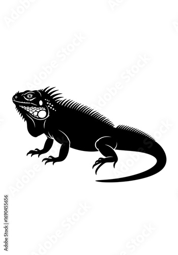 A stylized black and white illustration of an iguana in a side profile view on a white background.