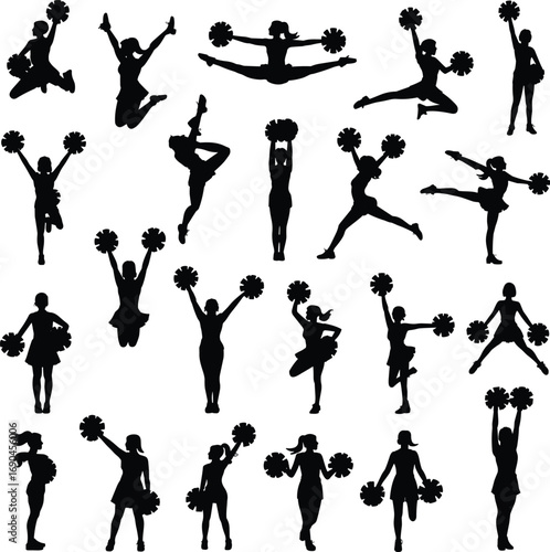 Cheerleader silhouette vector, female pom pom dance poses, jumping cheerleader clipart, cheerleading team spirit, energetic dance movement illustrations, sport activity design