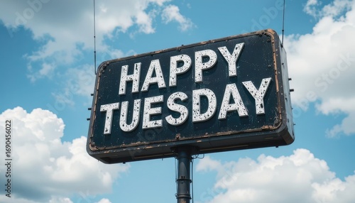 Sign saying Happy tuesday against a blue sky