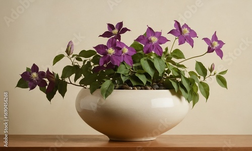 Wallpaper Mural Stunning purple clematis blooms gracefully spill from a modern cream planter, adding vibrant elegance to any space. Torontodigital.ca