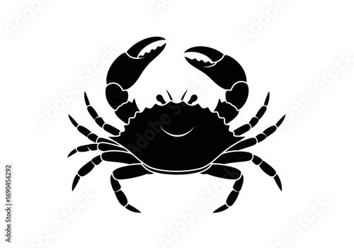 Black silhouette of a crab with raised claws on a white background, a simple graphic illustration.