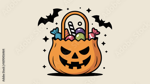 Spooky halloween pumpkin candy bucket filled with colorful sweets and surrounded by flying bats in a charming silhouette style