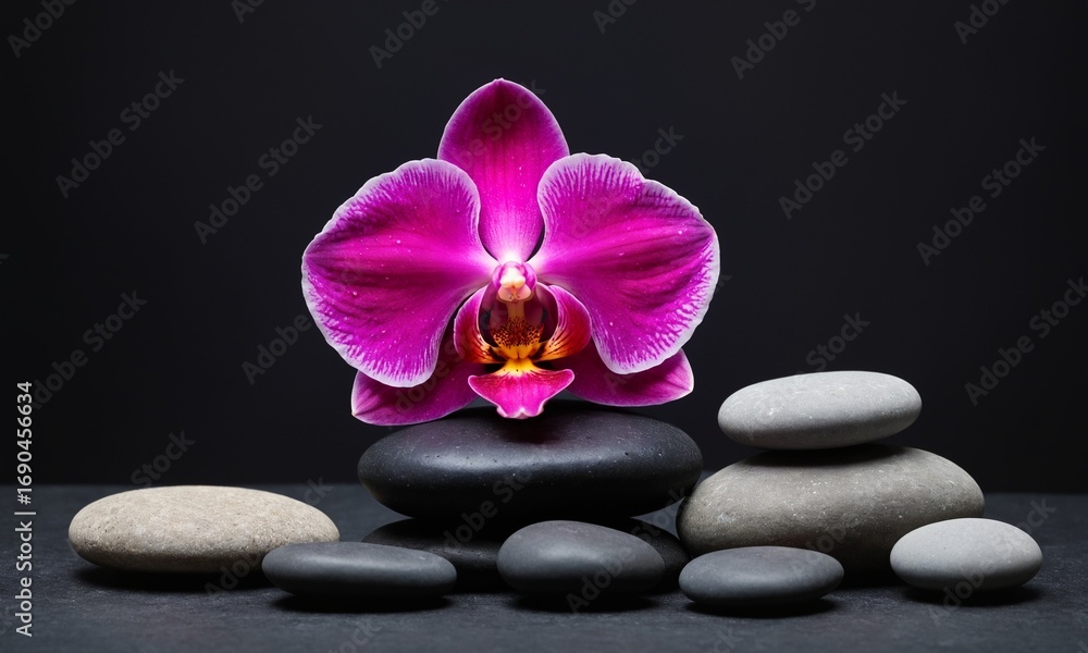 Fototapeta premium Serene orchid flower balanced on smooth spa stones creating a peaceful zen moment