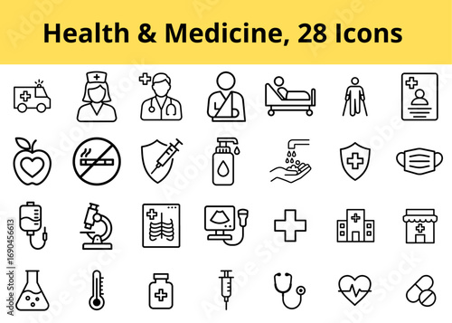 Set of 28 black and white line icons - health and medicine. Medical staff, equipment, symbols, and facilities.
