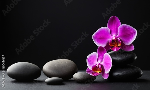 Serene purple orchids bloom beside smooth dark stones creating a tranquil spa oasis