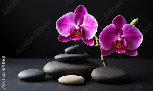 Serene purple orchids bloom above balanced zen stones, evoking tranquility and spa relaxation